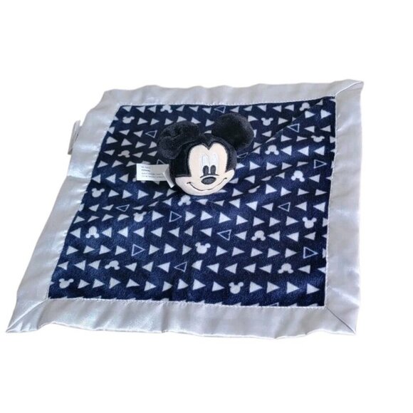 Disney Baby Mickey Mouse Plush Security Blanket Lovey Rattle Blue Gray Triangles - Picture 1 of 8